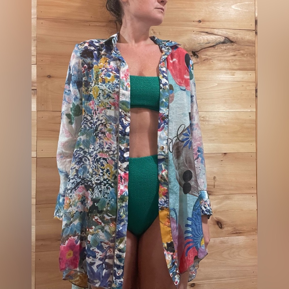 Pink and Blue Relaxed Swim Coverup with Notched Collar